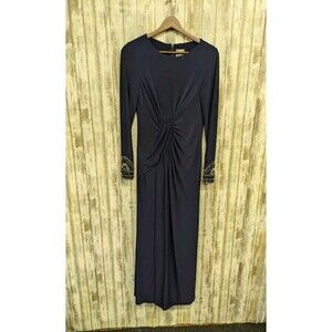 Vince Camuto Long Sleeve Gown Maxi Dress Elegant Navy Embellished Ruched Waist 4